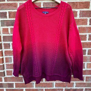 American Eagle Open Cable Knit Sweater Large Red Ombre Dip-Dye Transitional
